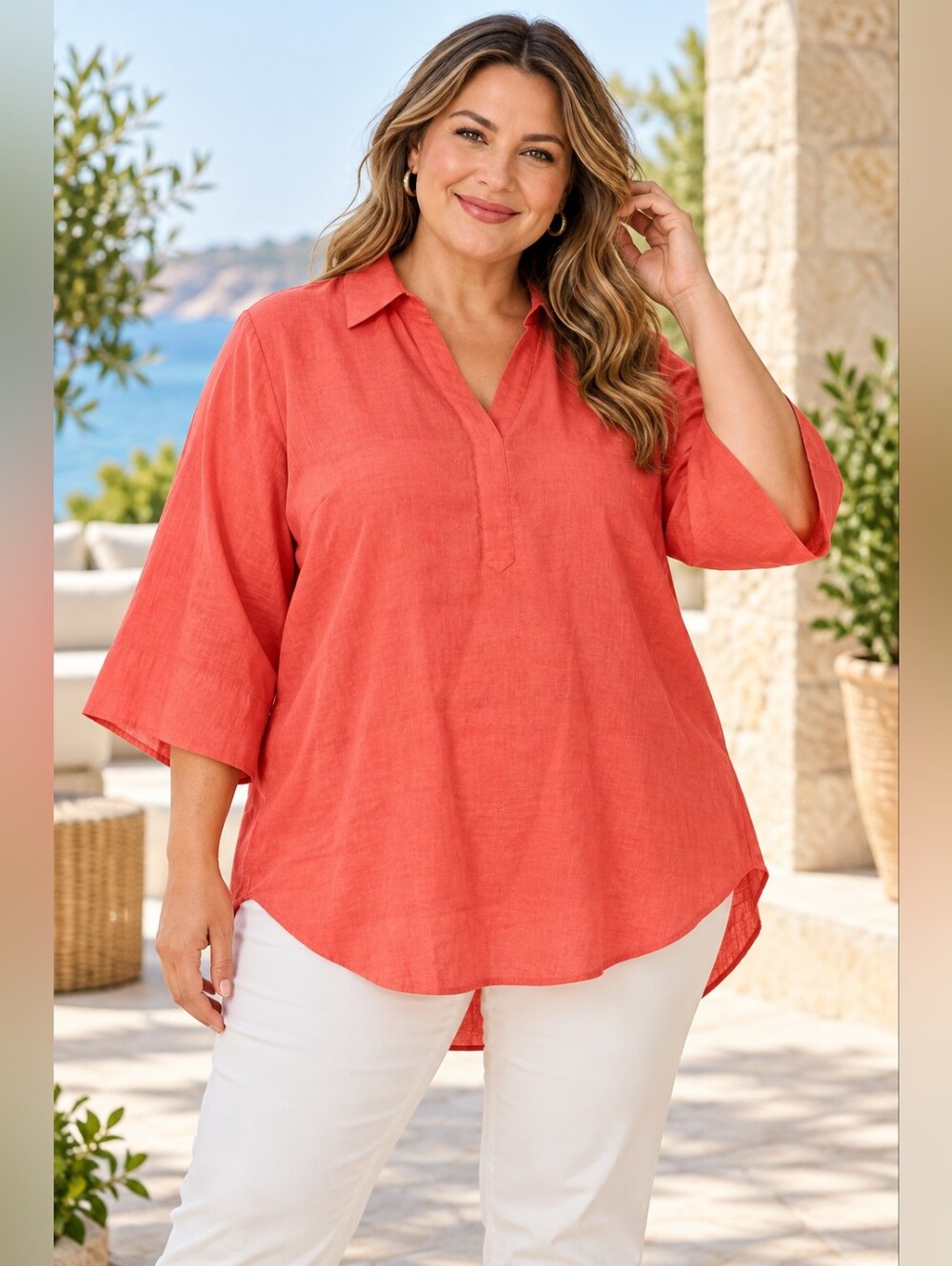 Women’s Coral Collared V-Neck High-Low Blouse 3/4 Sleeve 2XL New